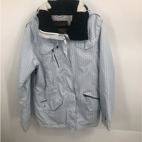 Billabong women’s blue/White stripes and polkadots ski jacket size medium w/hood - Picture 1 of 13